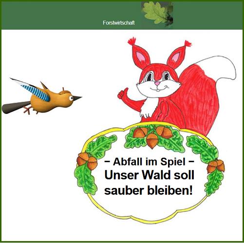 Ein gezeichnetes rot weißes Eichhörnchen hält ein Schild mit einem Rand aus Eicheln und Eichenblättern. Auf dem Schild steht 