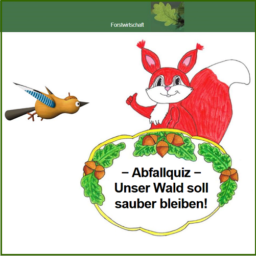 Ein gezeichnetes rot weißes Eichhörnchen hält ein Schild mit einem Rand aus Eicheln und Eichenblättern. Auf dem Schild steht 