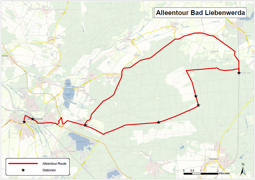 Kartendarstellung mit eingezeichnetem Verlauf der Radtour