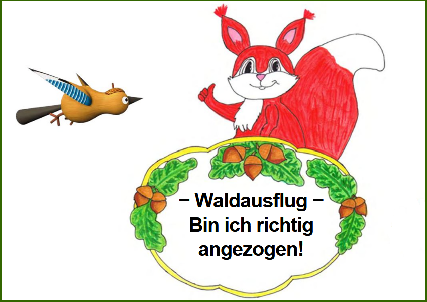 Ein gezeichnetes rot weißes Eichhörnchen hält ein Schild mit einem Rand aus Eicheln und Eichenblättern. Auf dem Schild steht 