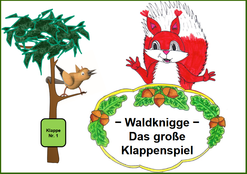 Ein gezeichnetes rot weißes Eichhörnchen hält ein Schild mit einem Rand aus Eicheln und Eichenblättern. Auf dem Schild steht 