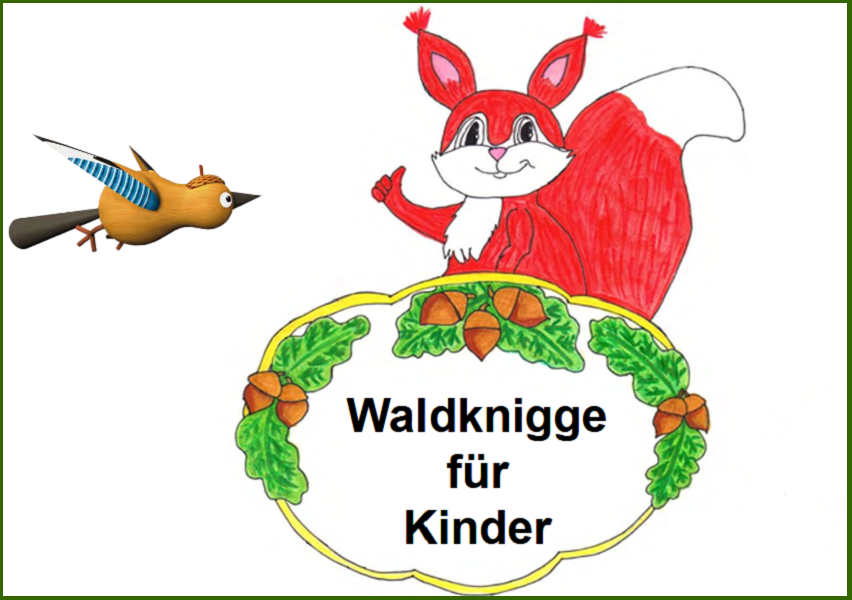 Ein gezeichnetes rot weißes Eichhörnchen hält ein Schild mit einem Rand aus Eicheln und Eichenblättern. Auf dem Schild steht 