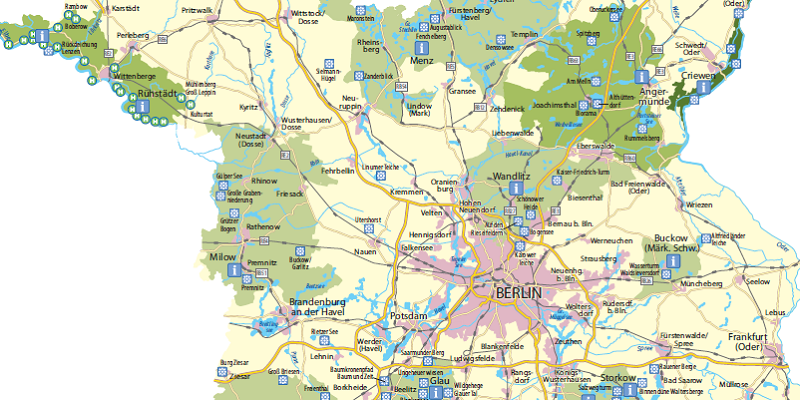 Das Photo zeigt den mittleren Teil des Landes Brandenburgs als topographische Karte. Der nördliche und südliche Teil der Karte ist nicht dargestellt. Die Karte ist farbig dargestellt.